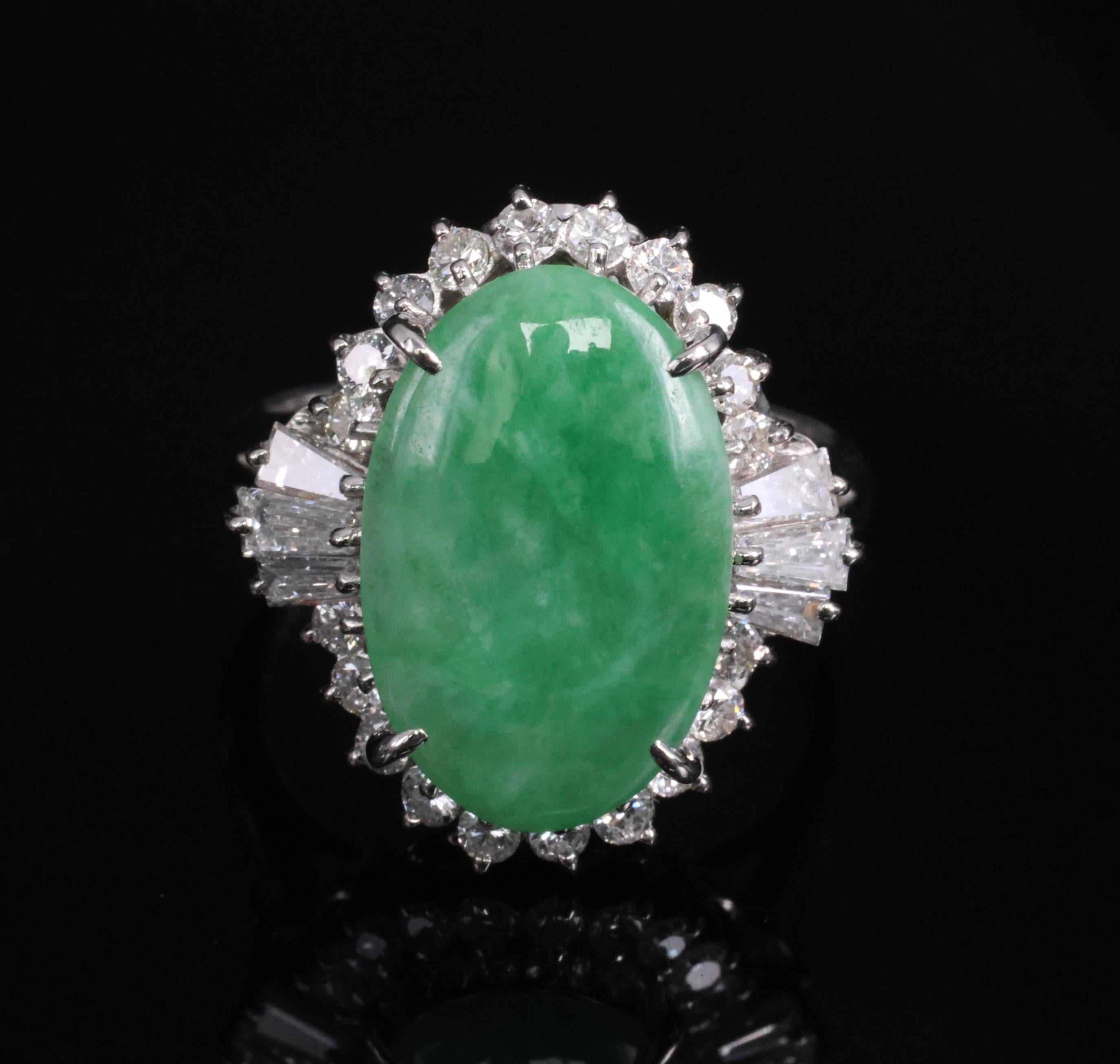 3.05ct Natural Green Apple Jadeite Jade & 0.68ct Diamond Platinum Ring, Size 5.5