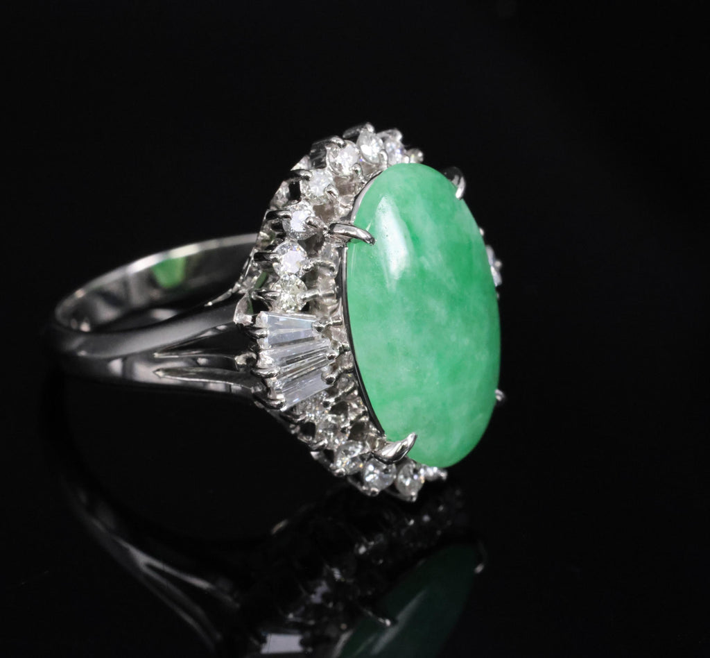 3.05ct Natural Green Apple Jadeite Jade & 0.68ct Diamond Platinum Ring, Size 5.5