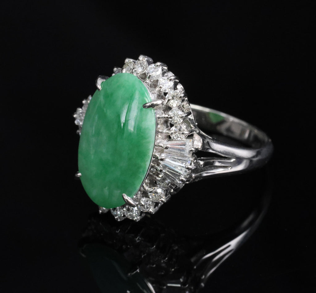 3.05ct Natural Green Apple Jadeite Jade & 0.68ct Diamond Platinum Ring, Size 5.5