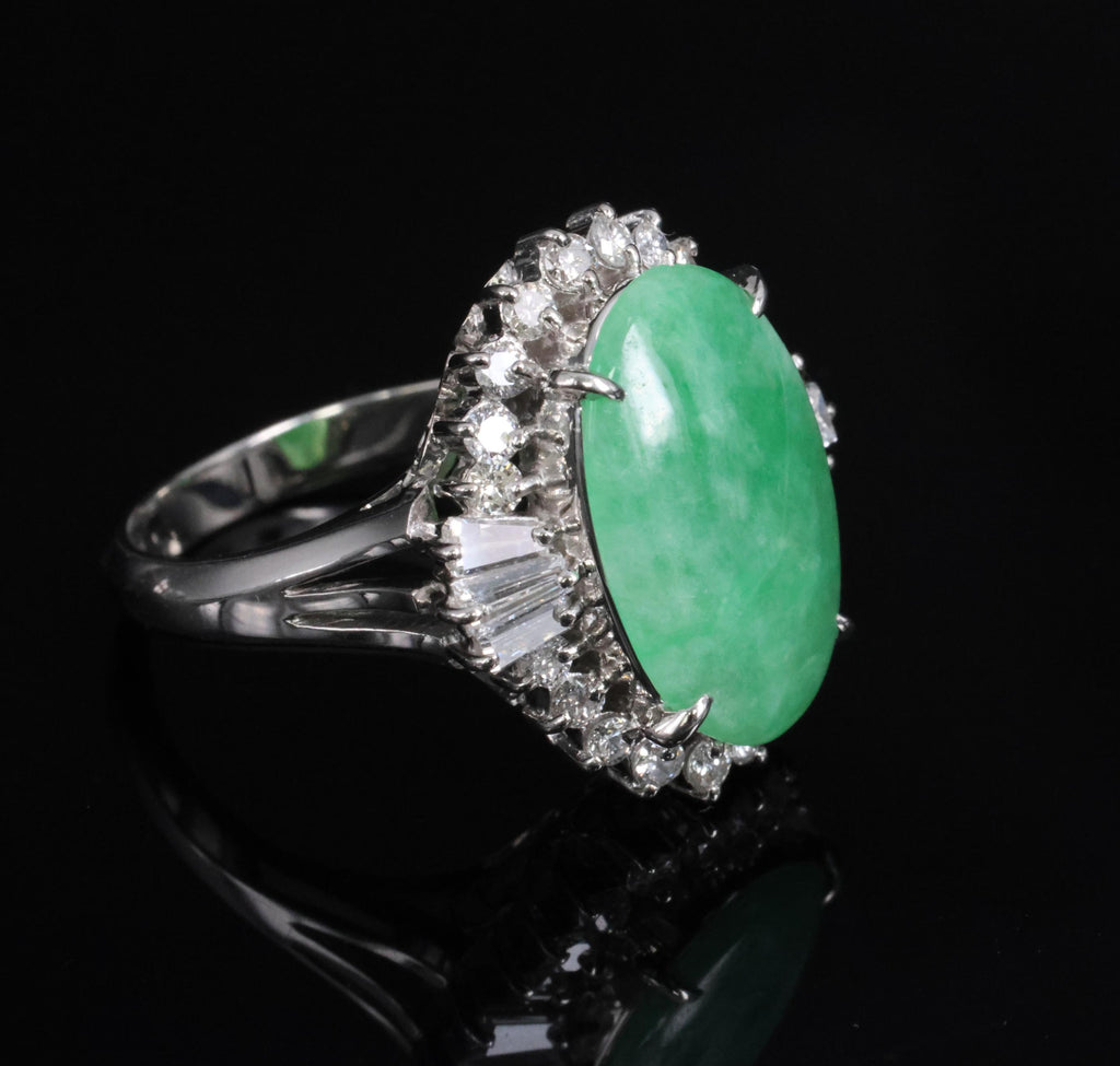 3.05ct Natural Green Apple Jadeite Jade & 0.68ct Diamond Platinum Ring, Size 5.5