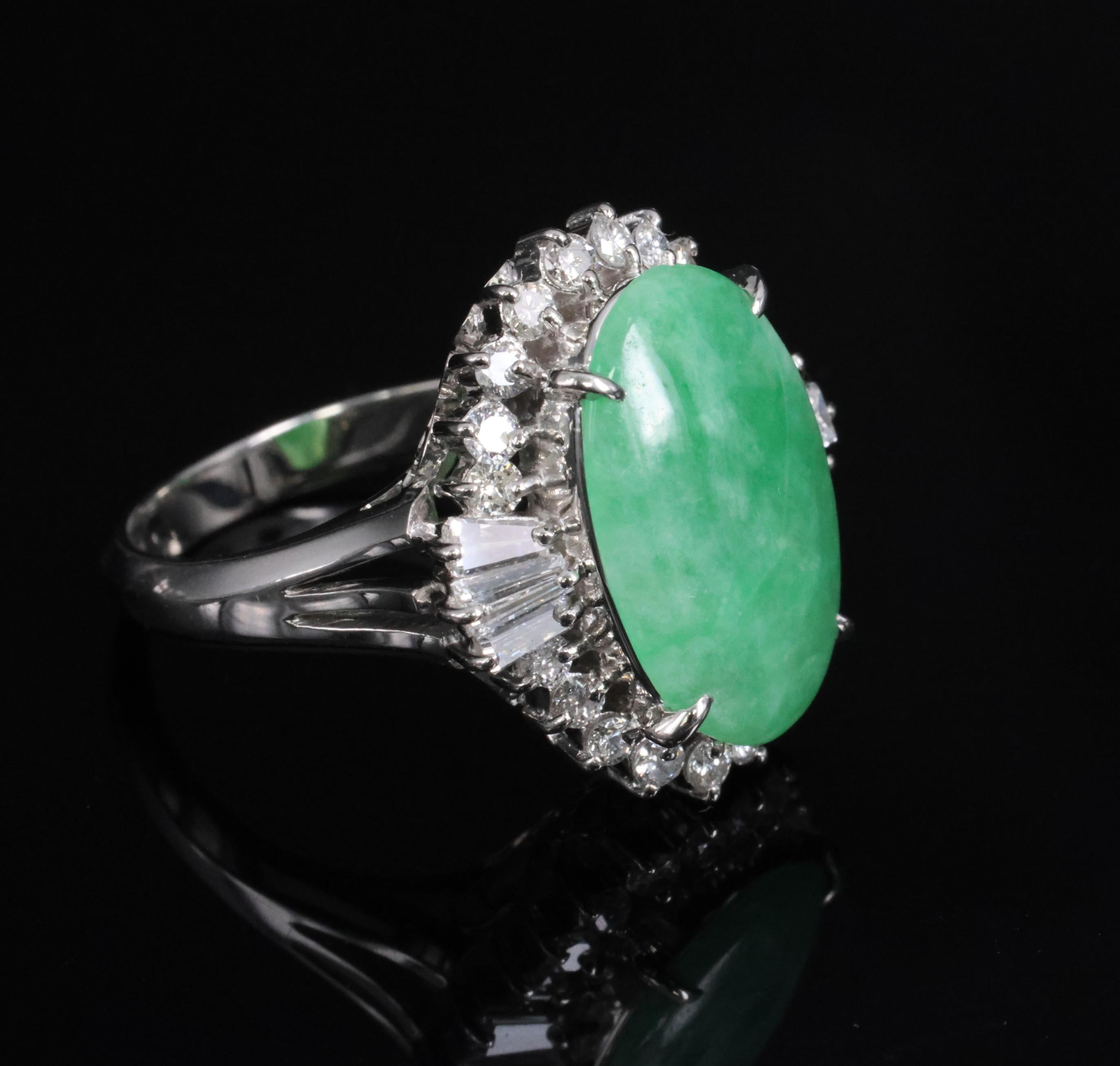 3.05ct Natural Green Apple Jadeite Jade & 0.68ct Diamond Platinum Ring, Size 5.5