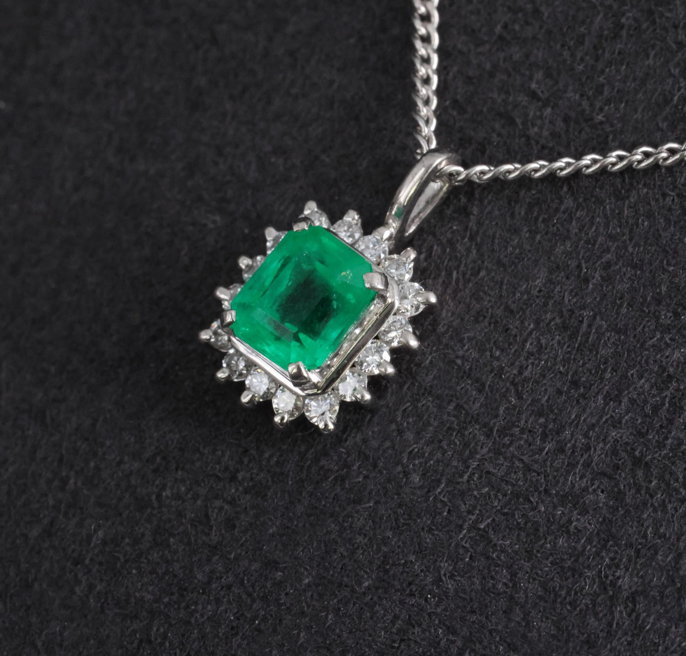 Estate 0.84ct Natural Colombian Emerald & 0.18ct Diamond Halo Platinum Necklace
