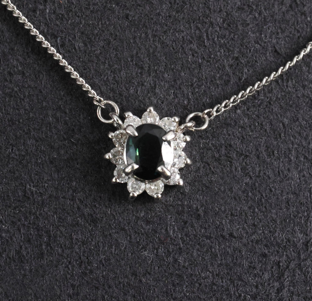 0.40ct Natural Untreated Blue Green Sapphire & 0.19ct Diamond Platinum Necklace