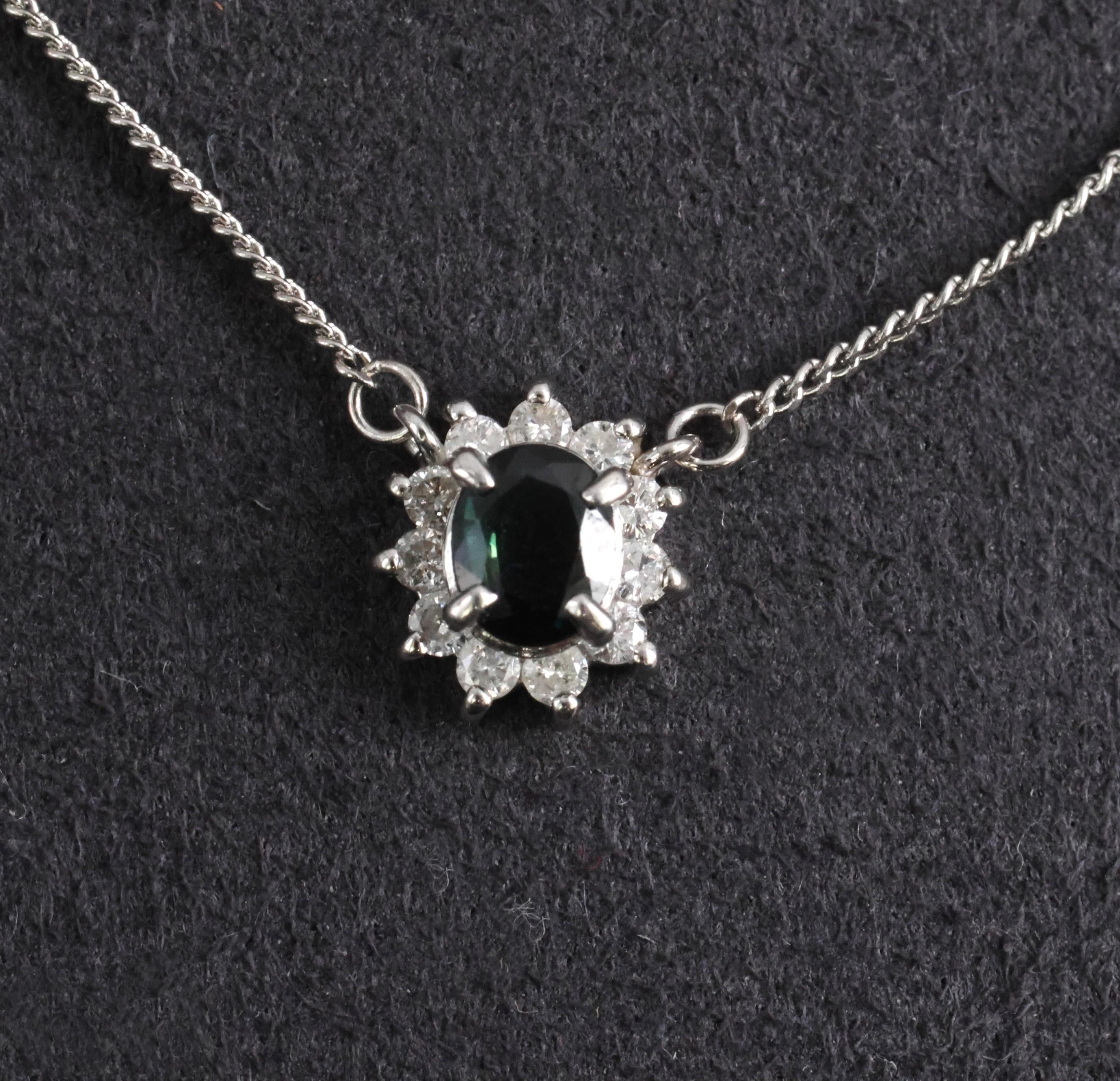 0.40ct Natural Untreated Blue Green Sapphire & 0.19ct Diamond Platinum Necklace