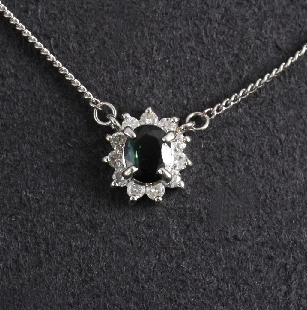 0.40ct Natural Untreated Blue Green Sapphire & 0.19ct Diamond Platinum Necklace