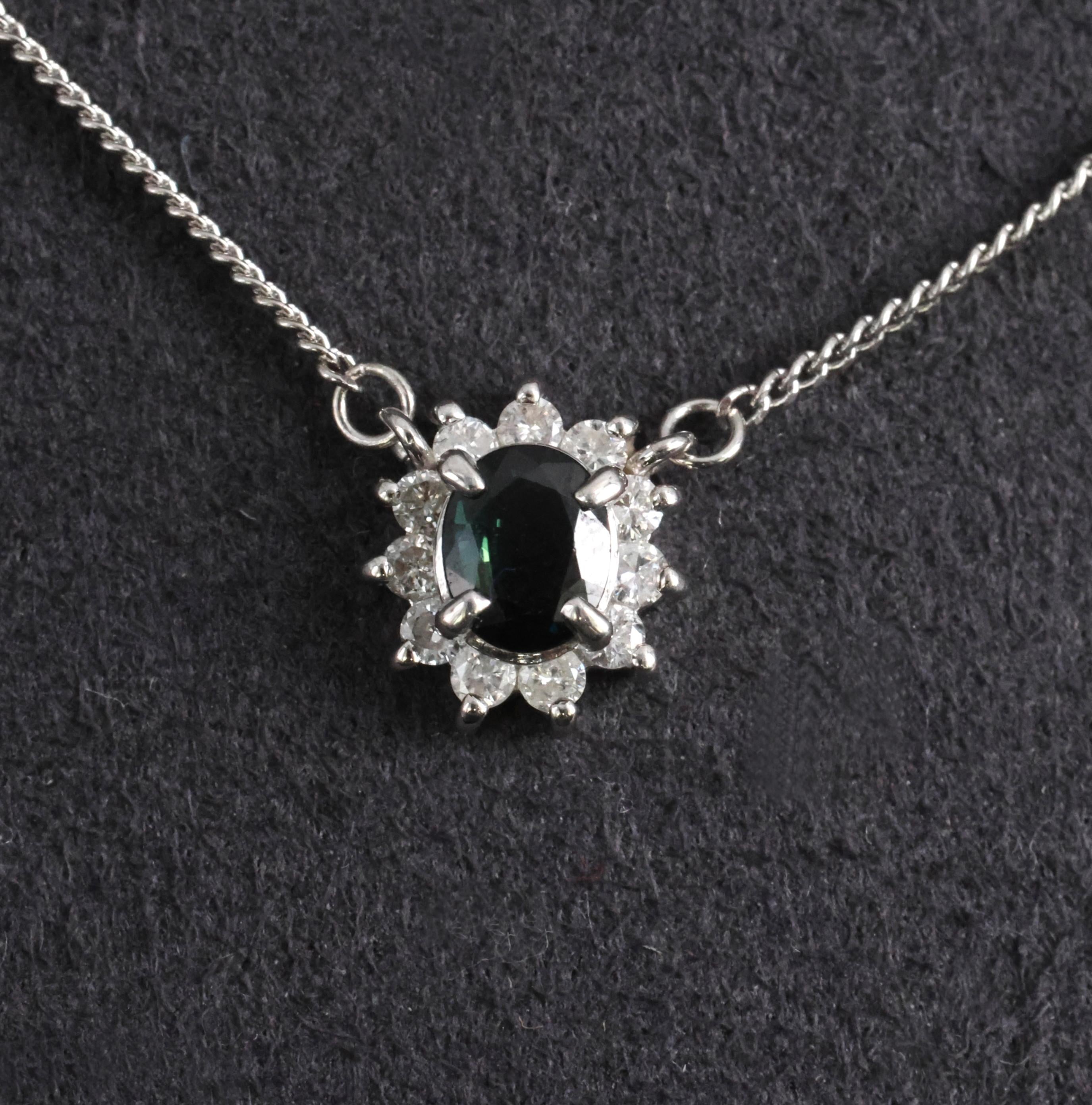 0.40ct Natural Untreated Blue Green Sapphire & 0.19ct Diamond Platinum Necklace