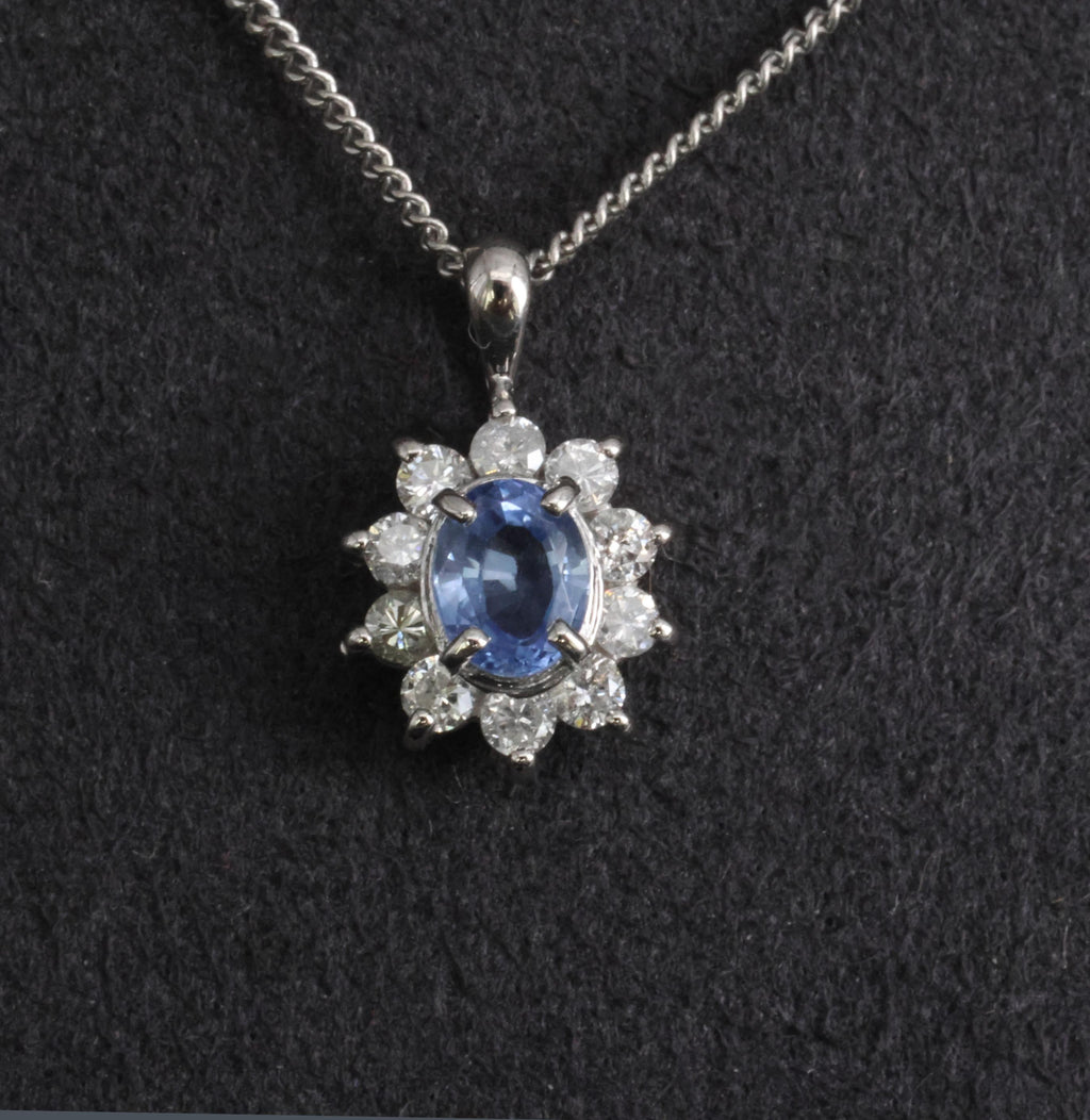0.51ct Natural Cornflower Blue Sapphire & 0.27ct Diamond Halo Platinum Necklace