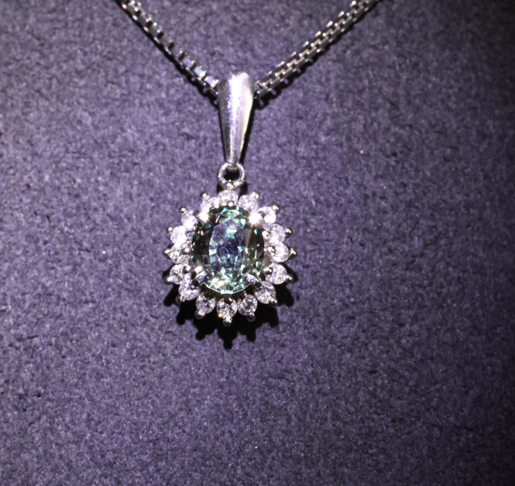 RARE! 0.97ct Natural Color Change Sapphire & 0.20ct Diamond Platinum Necklace