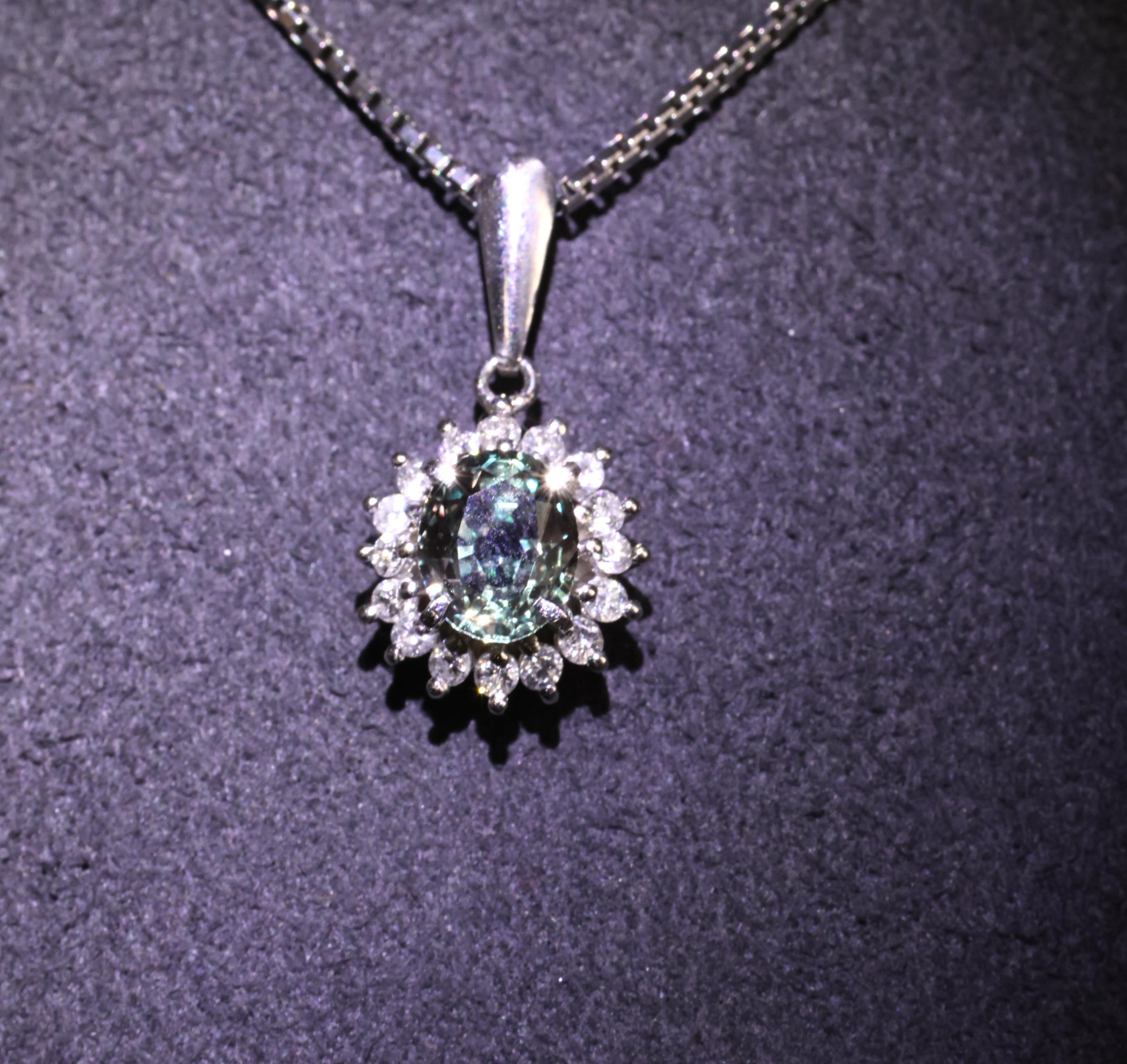 RARE! 0.97ct Natural Color Change Sapphire & 0.20ct Diamond Platinum Necklace