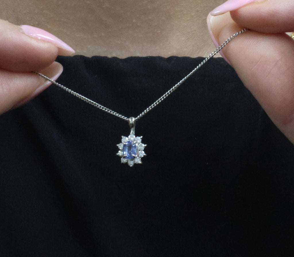 0.51ct Natural Cornflower Blue Sapphire & 0.27ct Diamond Halo Platinum Necklace