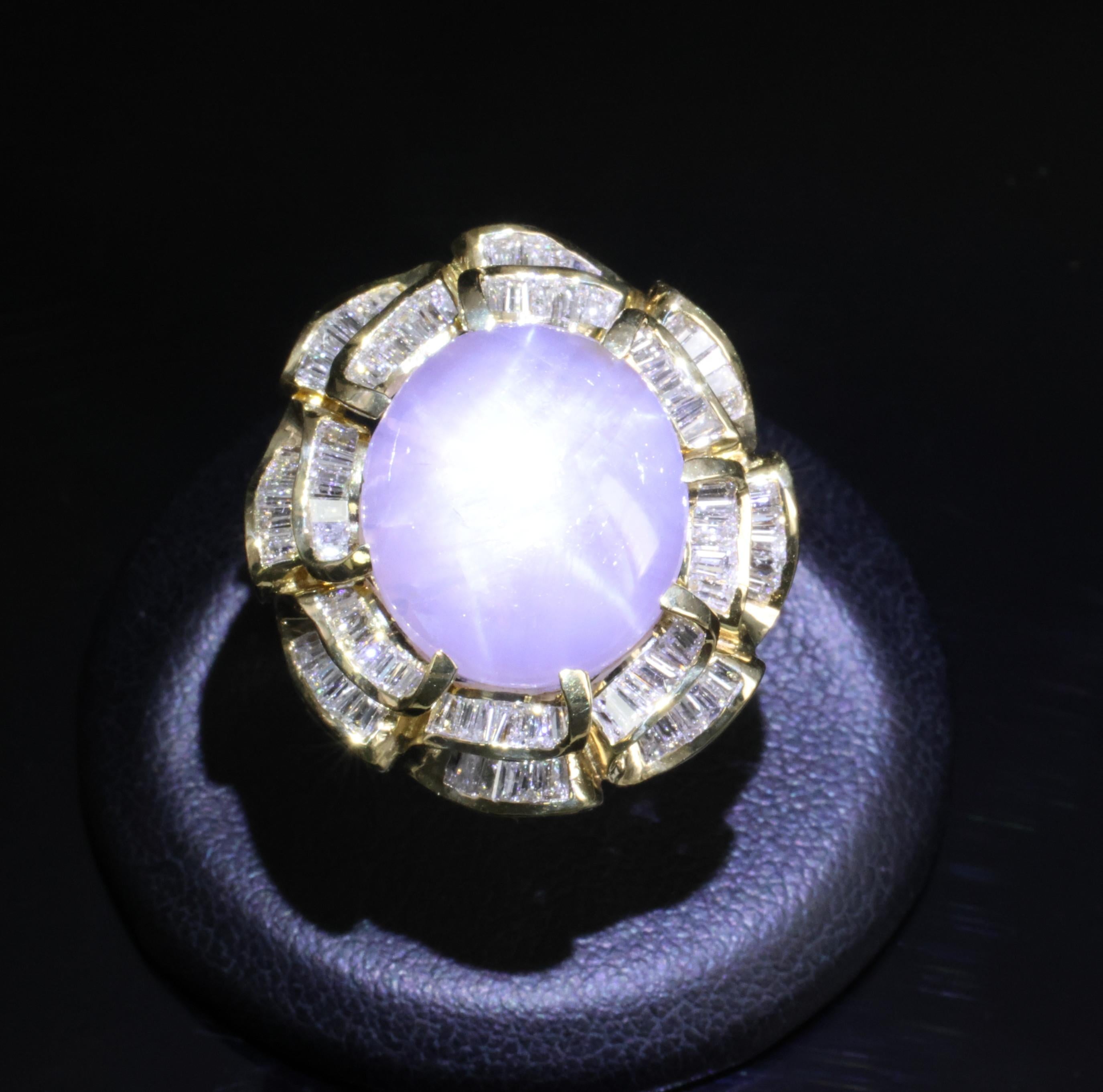 25.00ct Natural Purple Star Sapphire & 3.00ct Diamond 18K Gold Ring, Size 6.75