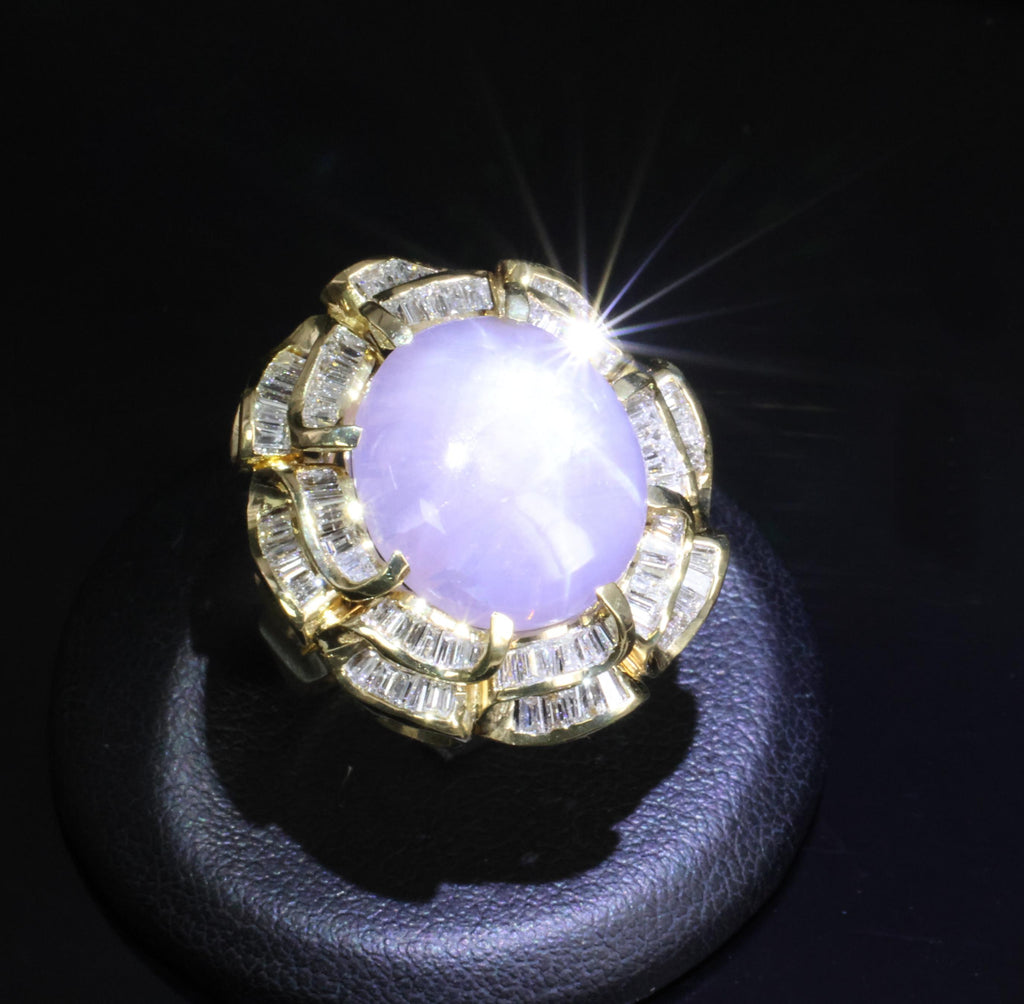 25.00ct Natural Purple Star Sapphire & 3.00ct Diamond 18K Gold Ring, Size 6.75