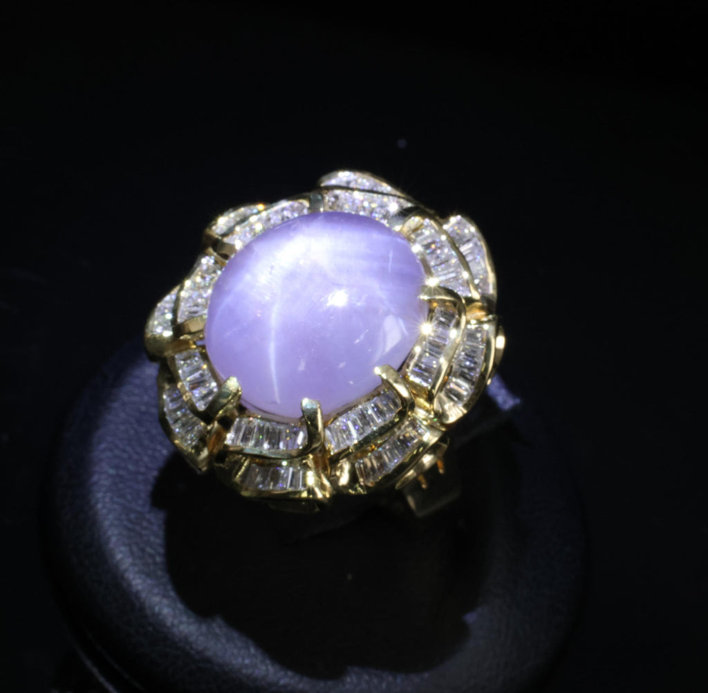 25.00ct Natural Purple Star Sapphire & 3.00ct Diamond 18K Gold Ring, Size 6.75
