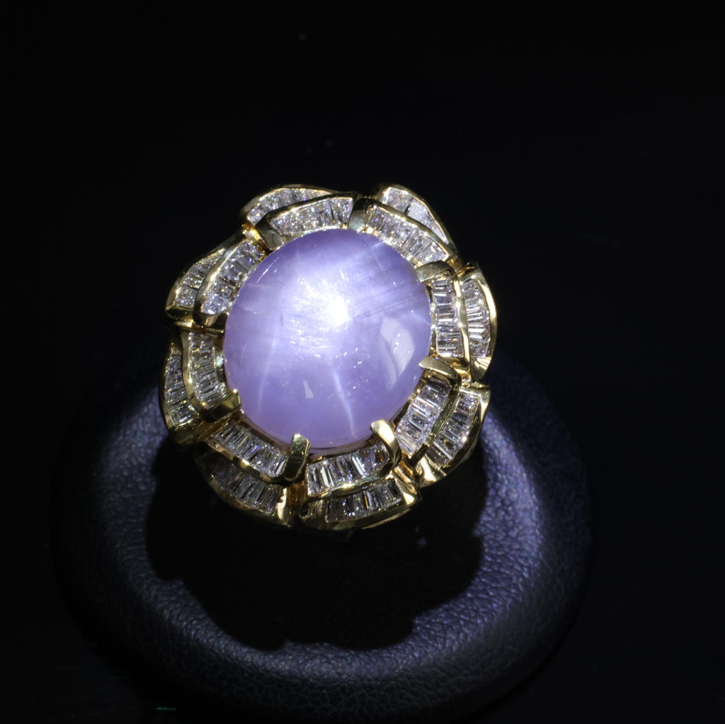 25.00ct Natural Purple Star Sapphire & 3.00ct Diamond 18K Gold Ring, Size 6.75