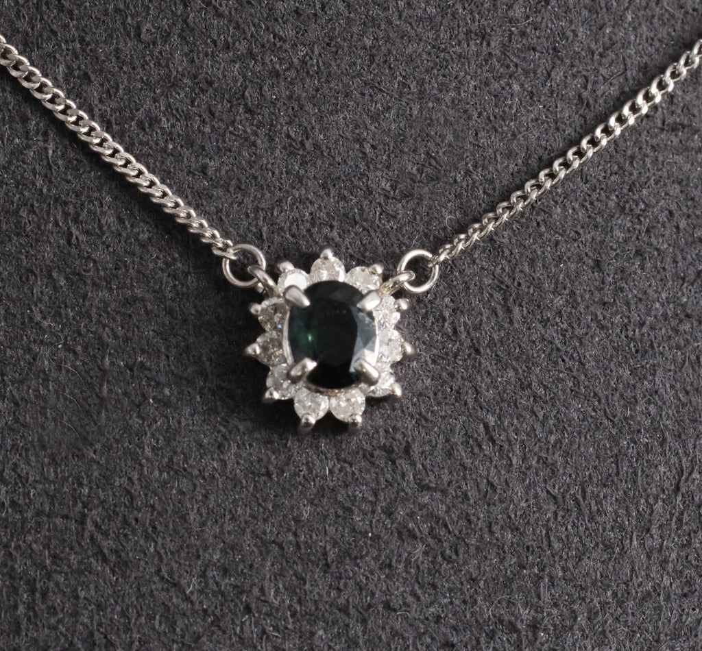 0.40ct Natural Untreated Blue Green Sapphire & 0.19ct Diamond Platinum Necklace