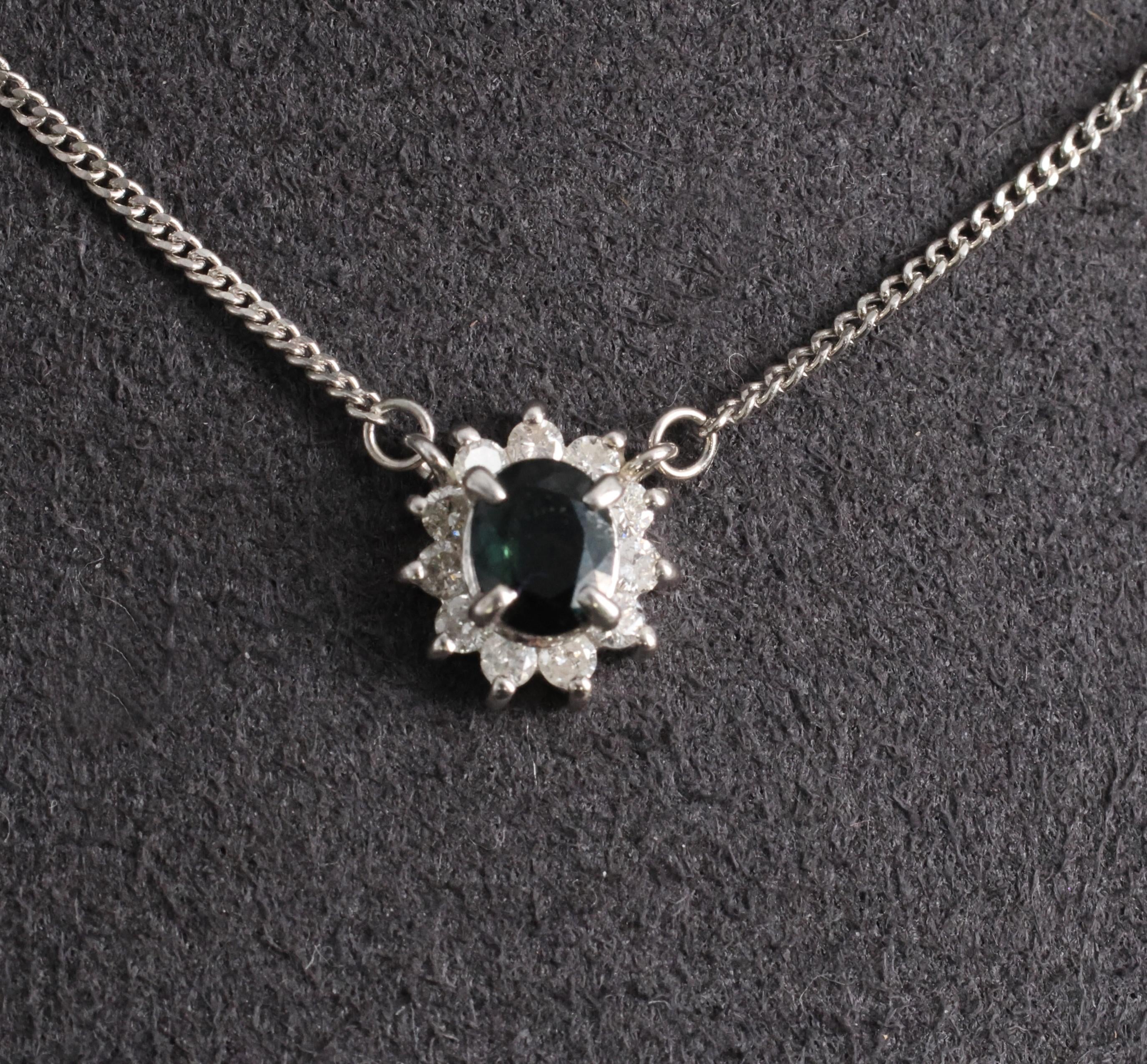 0.40ct Natural Untreated Blue Green Sapphire & 0.19ct Diamond Platinum Necklace