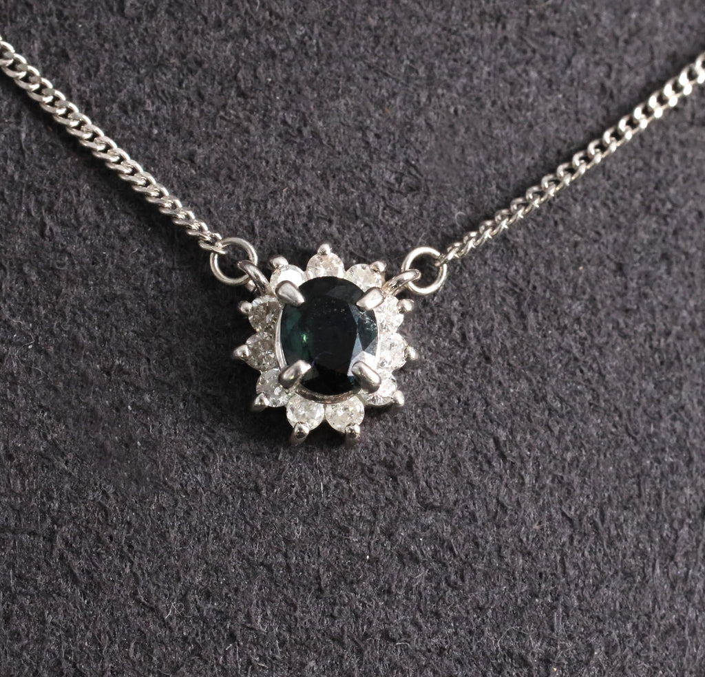 0.40ct Natural Untreated Blue Green Sapphire & 0.19ct Diamond Platinum Necklace