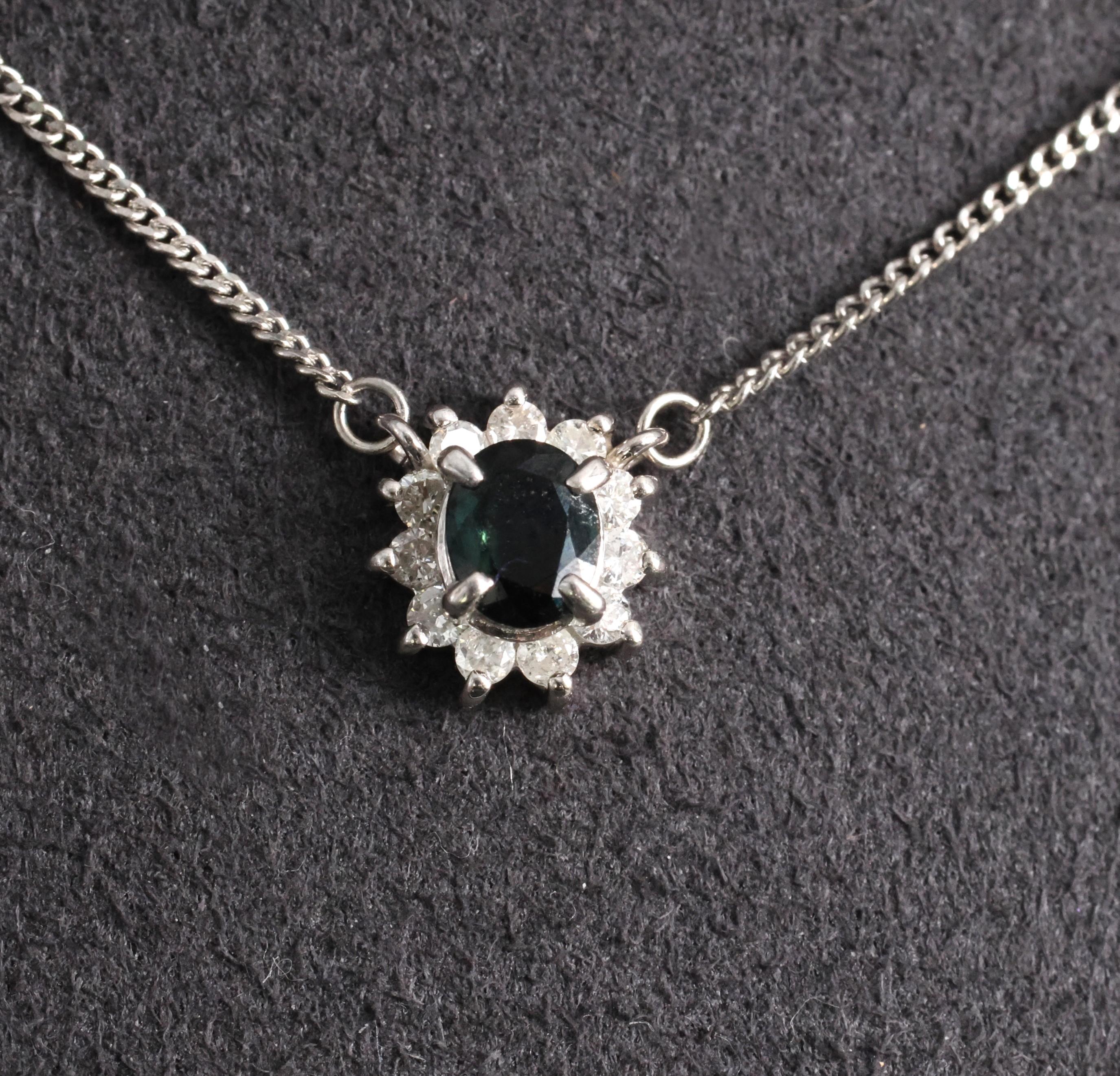 0.40ct Natural Untreated Blue Green Sapphire & 0.19ct Diamond Platinum Necklace