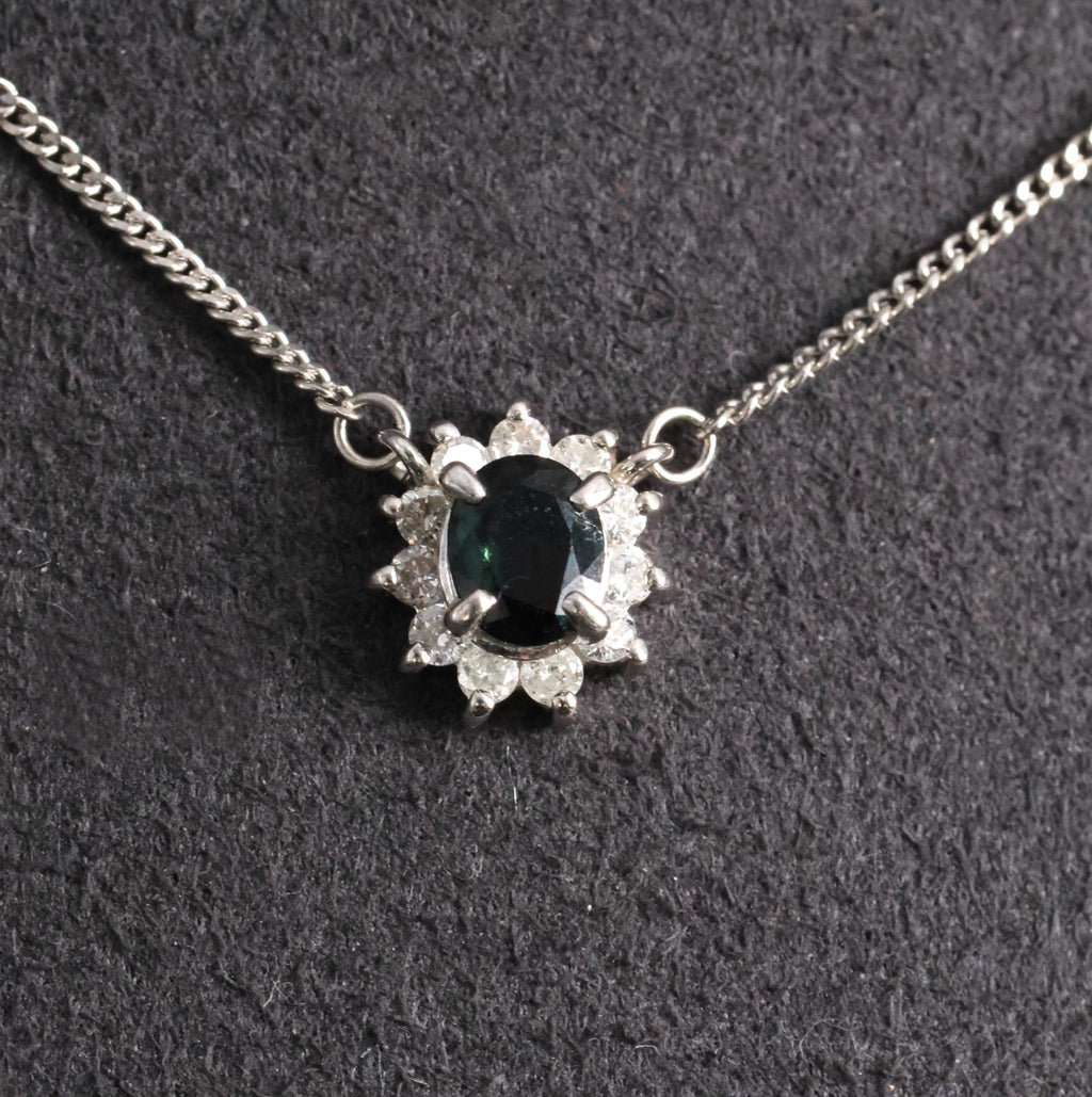 0.40ct Natural Untreated Blue Green Sapphire & 0.19ct Diamond Platinum Necklace