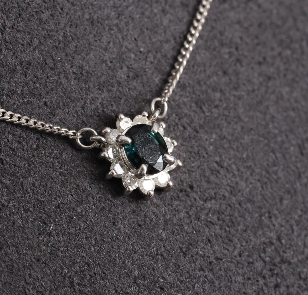 0.40ct Natural Untreated Blue Green Sapphire & 0.19ct Diamond Platinum Necklace