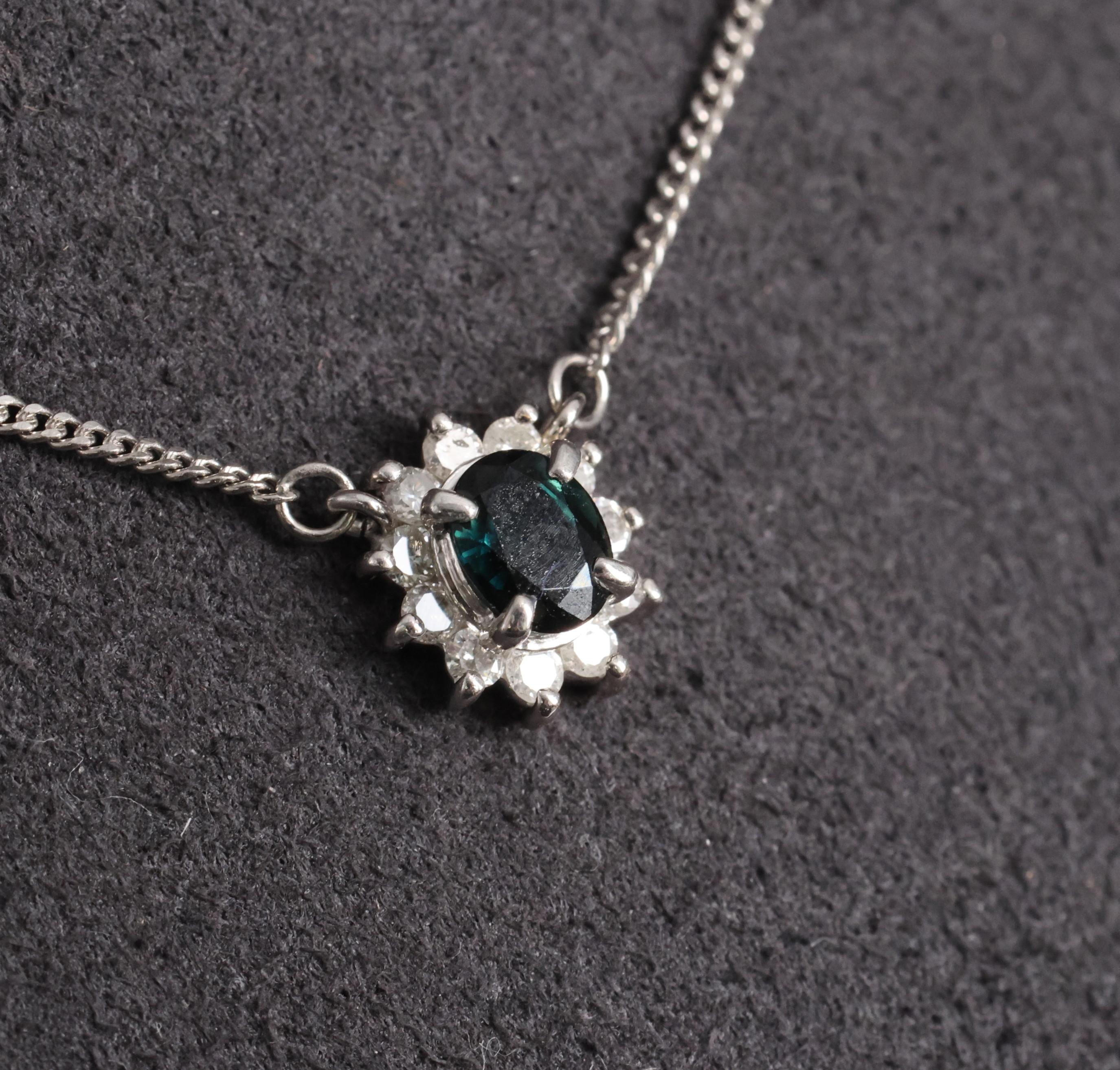 0.40ct Natural Untreated Blue Green Sapphire & 0.19ct Diamond Platinum Necklace