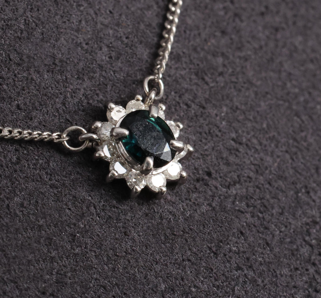 0.40ct Natural Untreated Blue Green Sapphire & 0.19ct Diamond Platinum Necklace