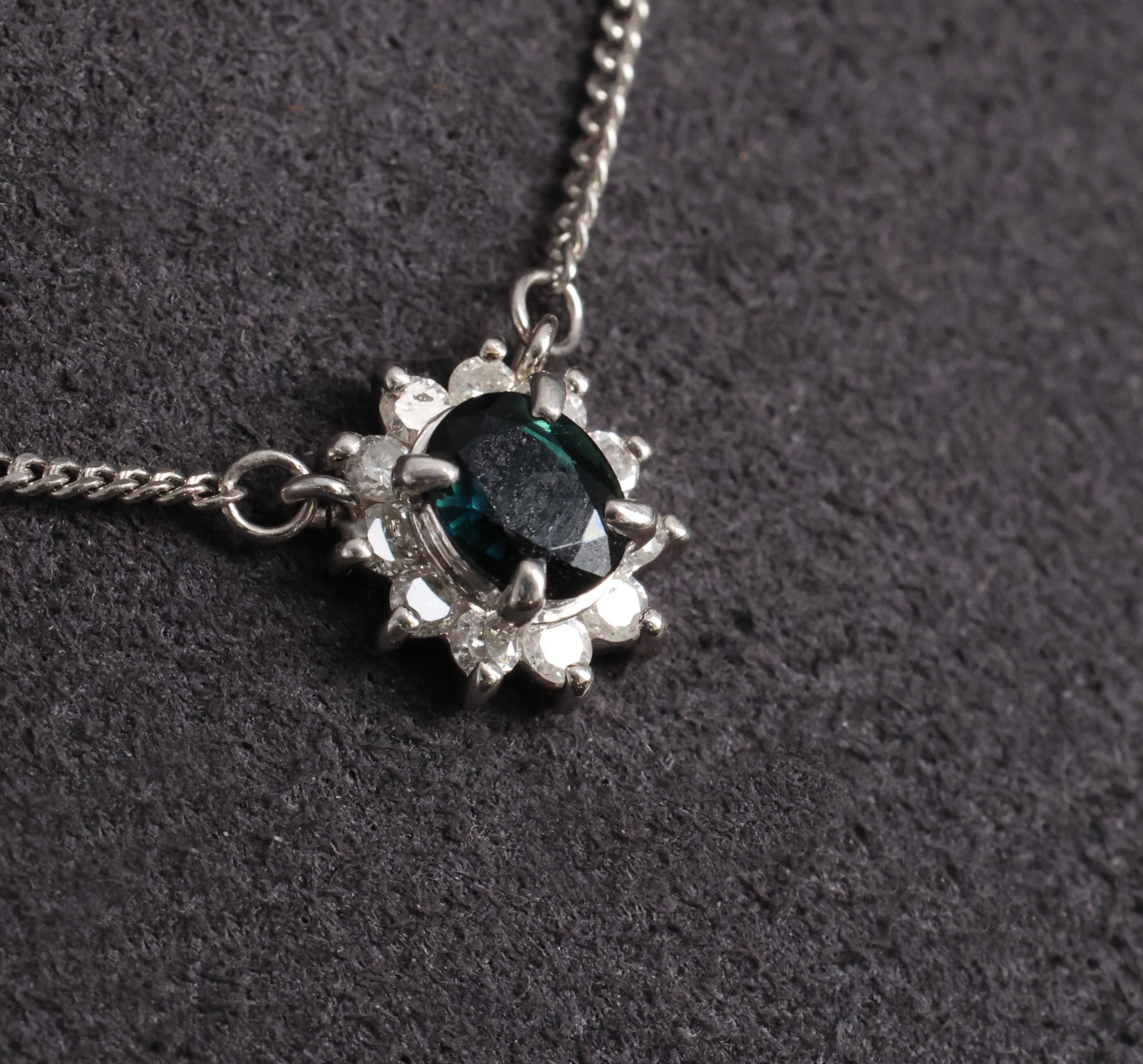 0.40ct Natural Untreated Blue Green Sapphire & 0.19ct Diamond Platinum Necklace