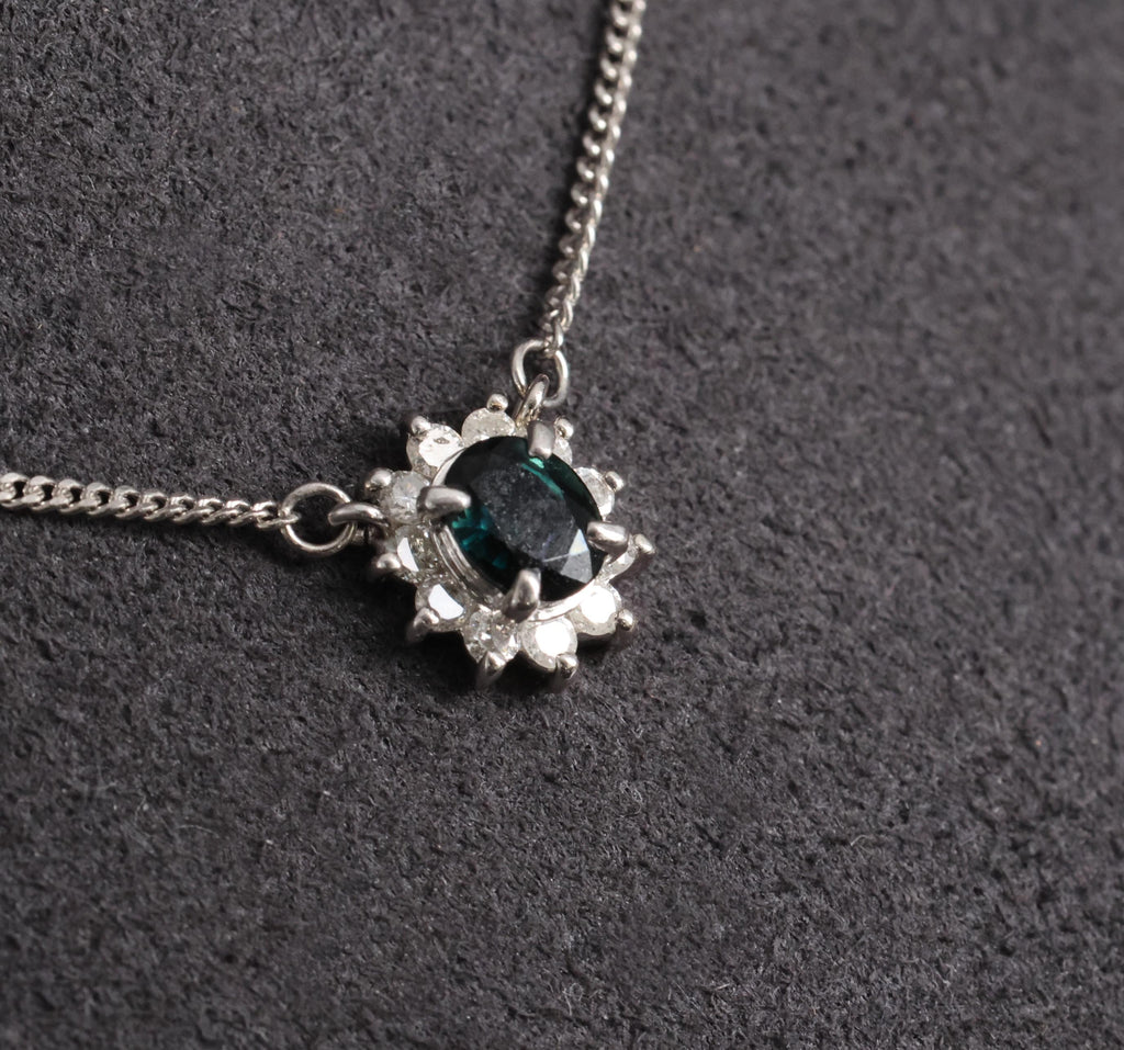 0.40ct Natural Untreated Blue Green Sapphire & 0.19ct Diamond Platinum Necklace