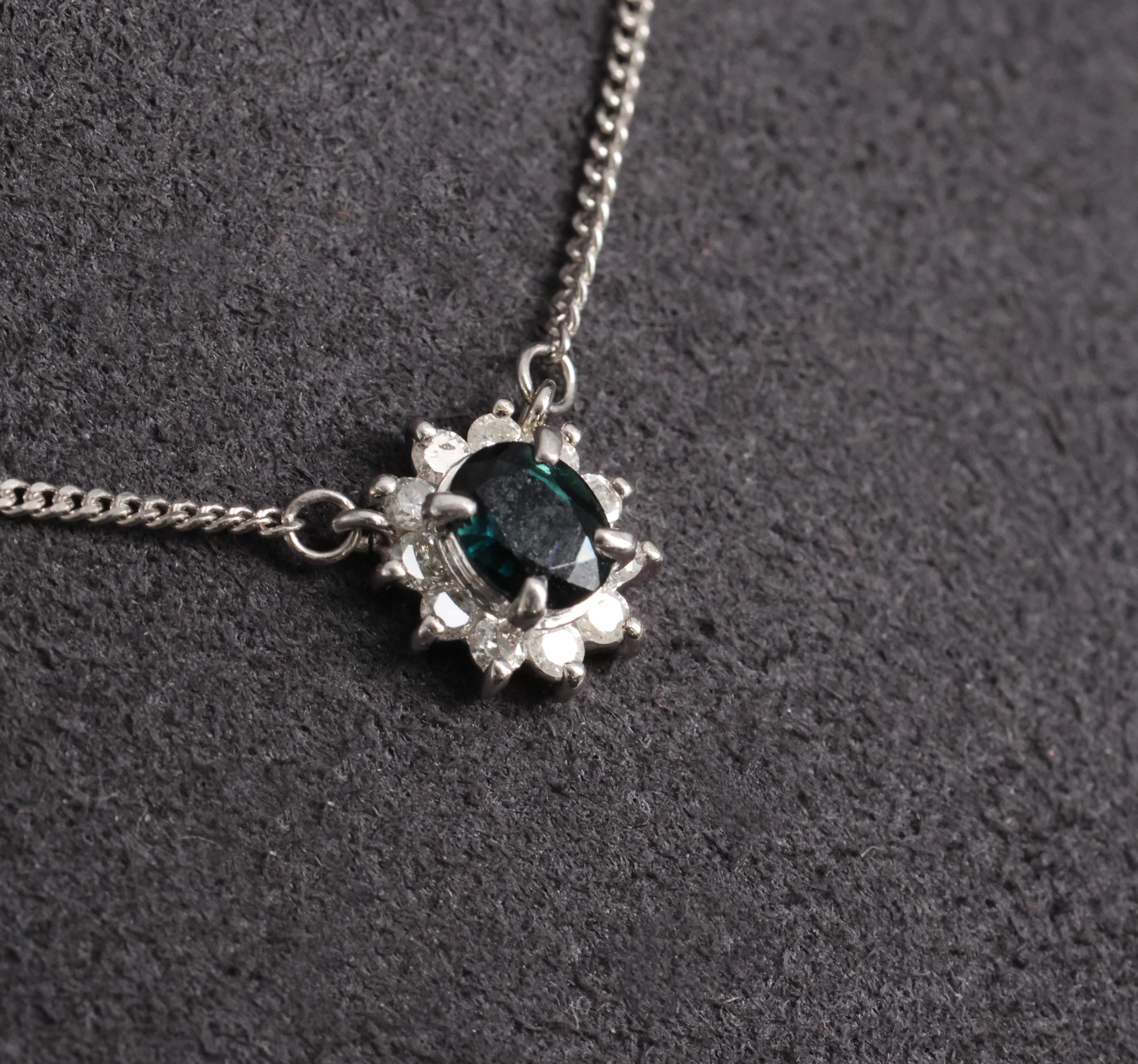 0.40ct Natural Untreated Blue Green Sapphire & 0.19ct Diamond Platinum Necklace