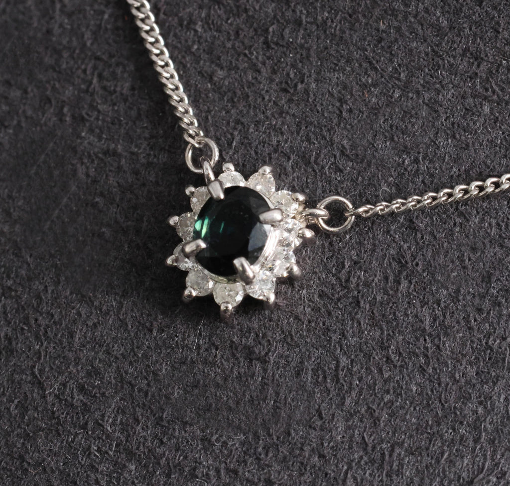 0.40ct Natural Untreated Blue Green Sapphire & 0.19ct Diamond Platinum Necklace
