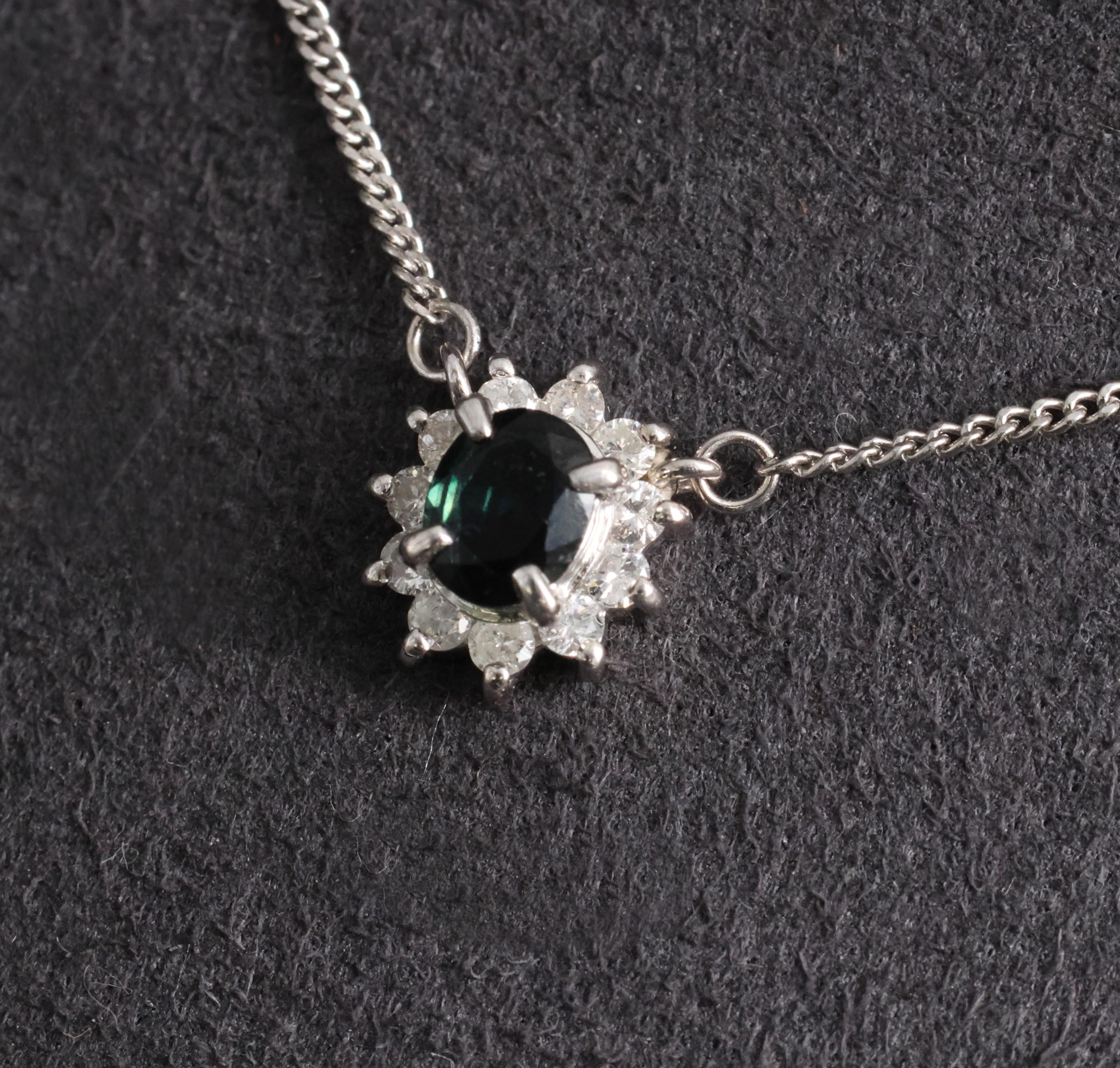 0.40ct Natural Untreated Blue Green Sapphire & 0.19ct Diamond Platinum Necklace