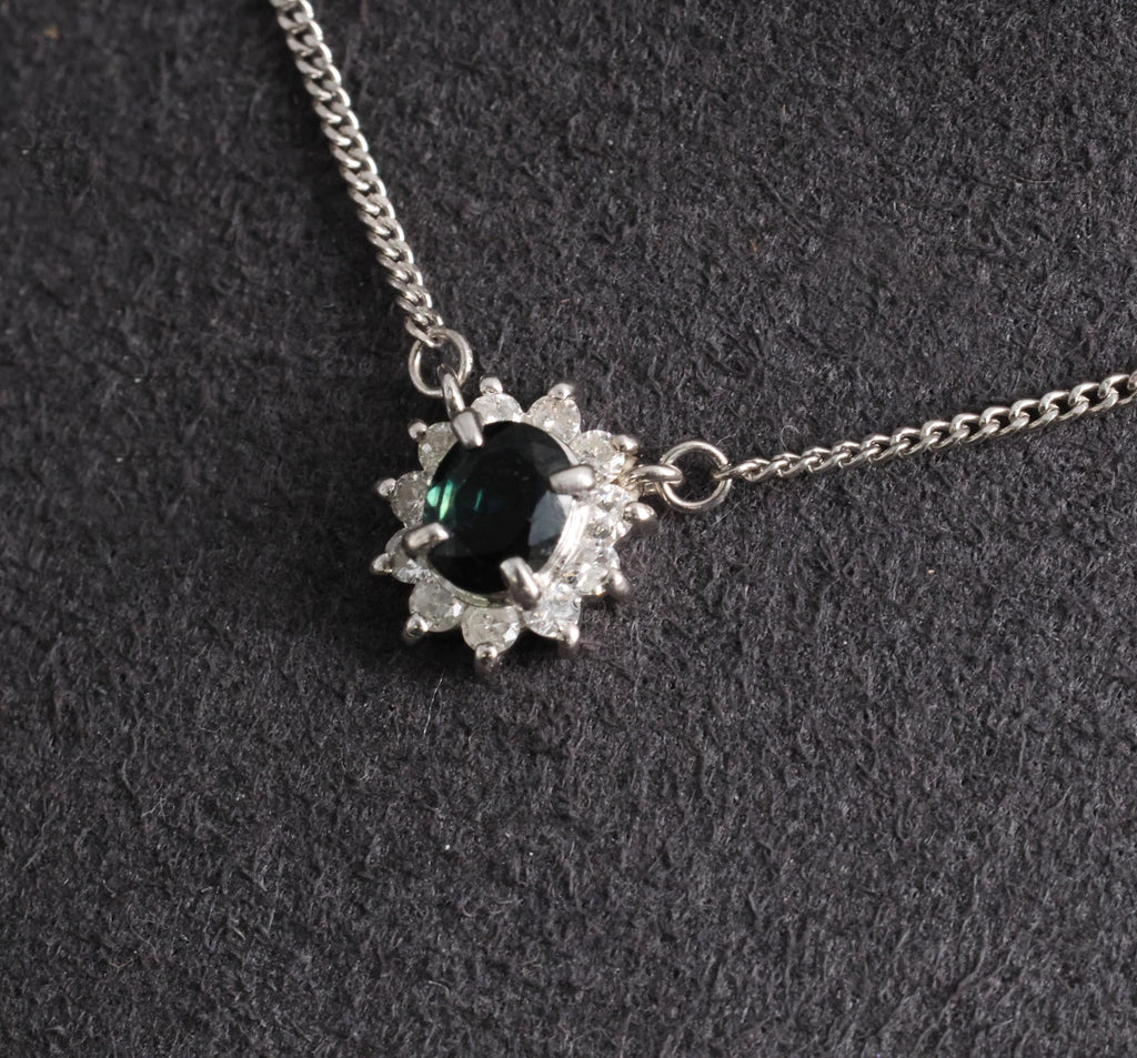 0.40ct Natural Untreated Blue Green Sapphire & 0.19ct Diamond Platinum Necklace
