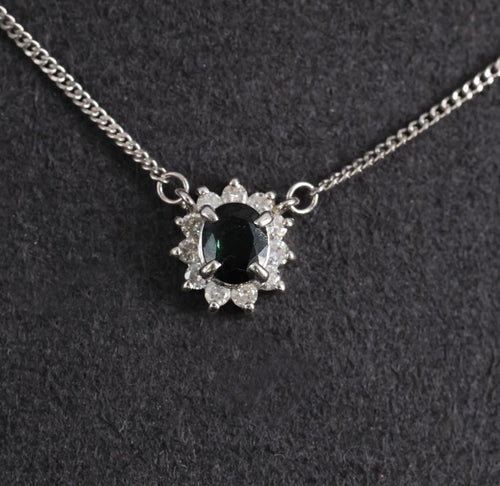 0.40ct Natural Untreated Blue Green Sapphire & 0.19ct Diamond Platinum Necklace