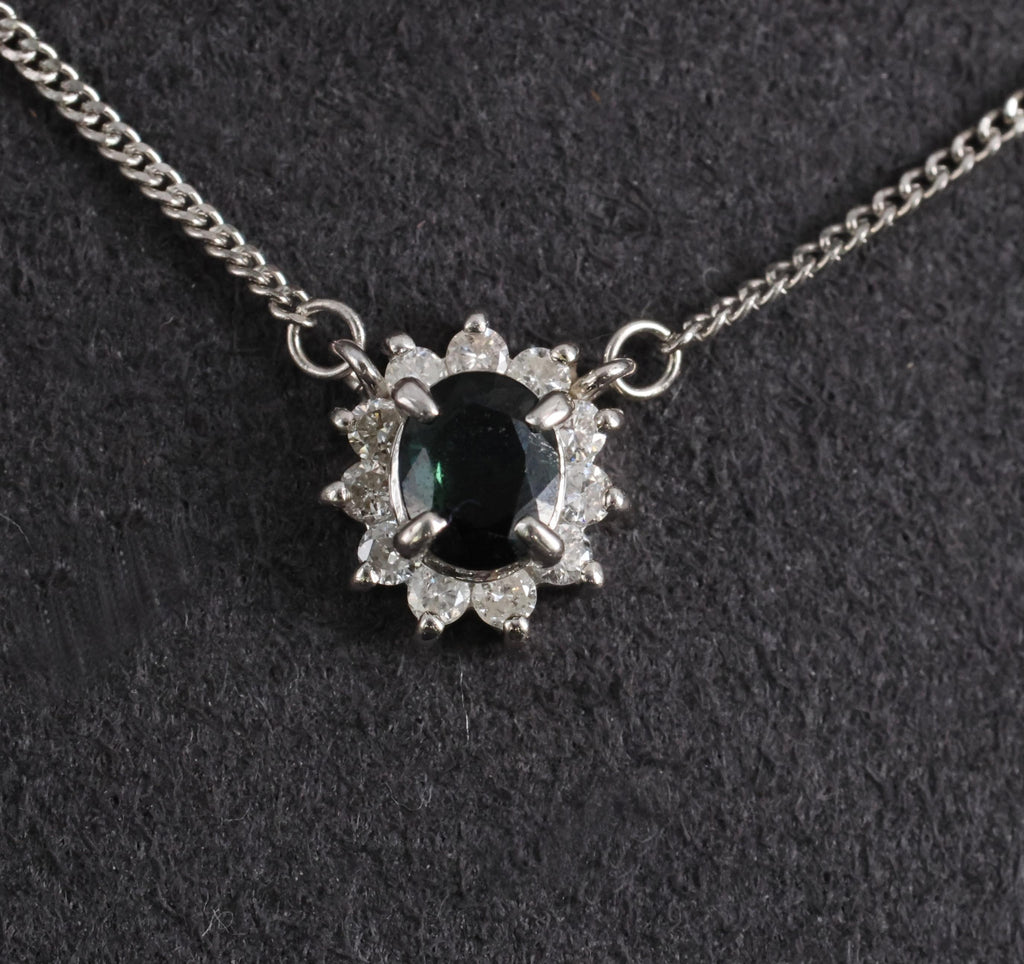 0.40ct Natural Untreated Blue Green Sapphire & 0.19ct Diamond Platinum Necklace