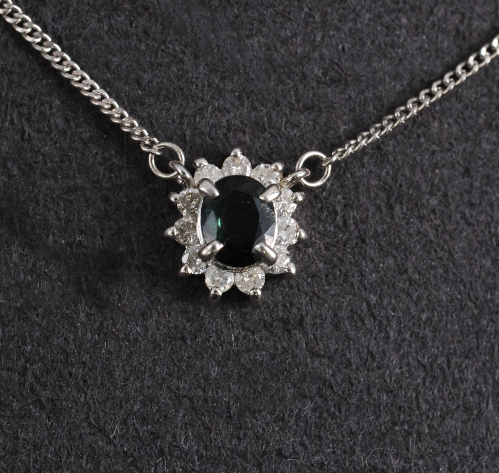 0.40ct Natural Untreated Blue Green Sapphire & 0.19ct Diamond Platinum Necklace