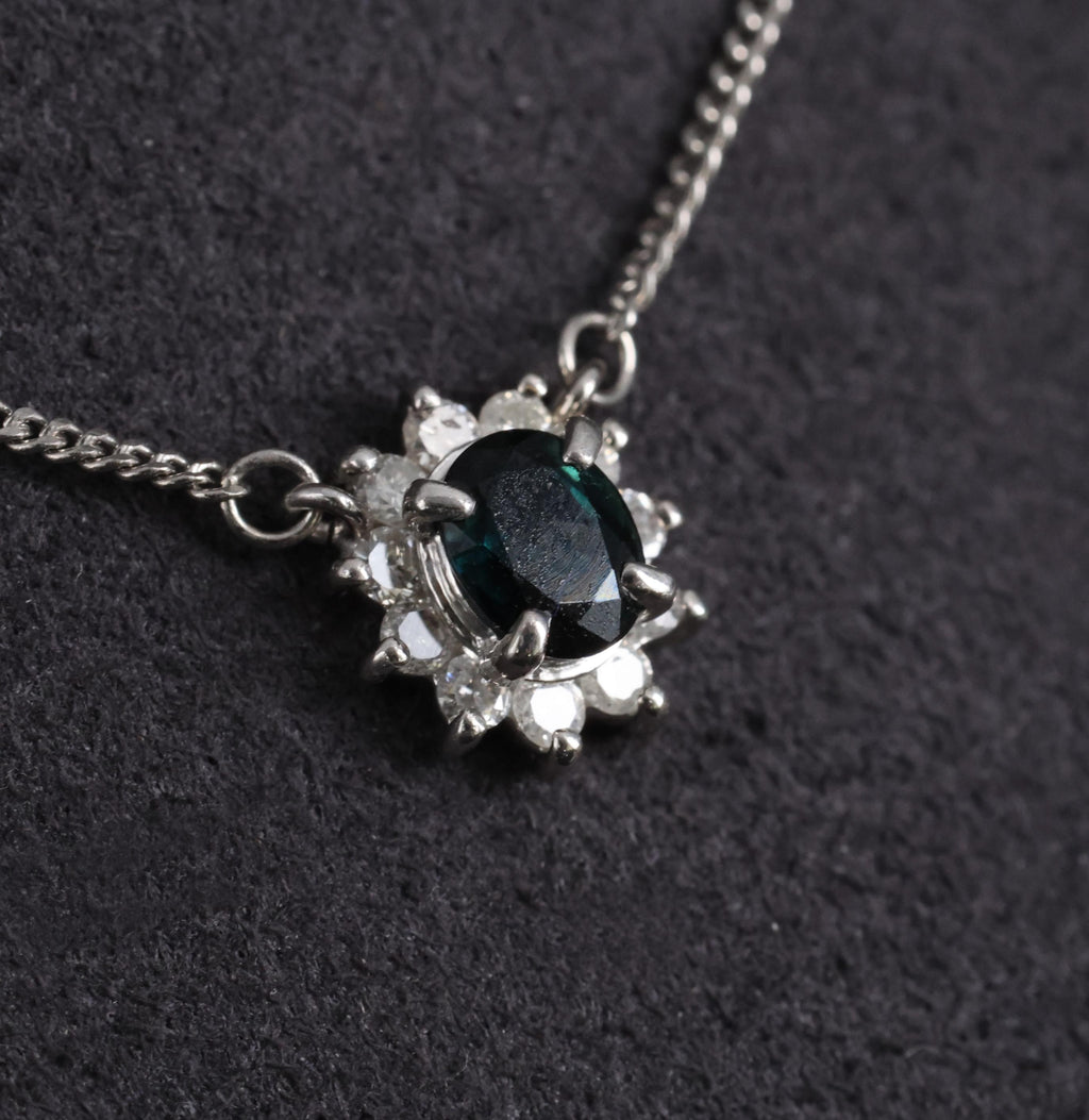 0.40ct Natural Untreated Blue Green Sapphire & 0.19ct Diamond Platinum Necklace