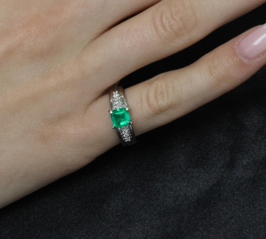 Fine 0.79ct Natural Colombian Emerald & 0.10ct Diamond Platinum Ring, Size 5.25
