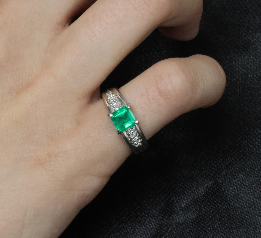Fine 0.79ct Natural Colombian Emerald & 0.10ct Diamond Platinum Ring, Size 5.25