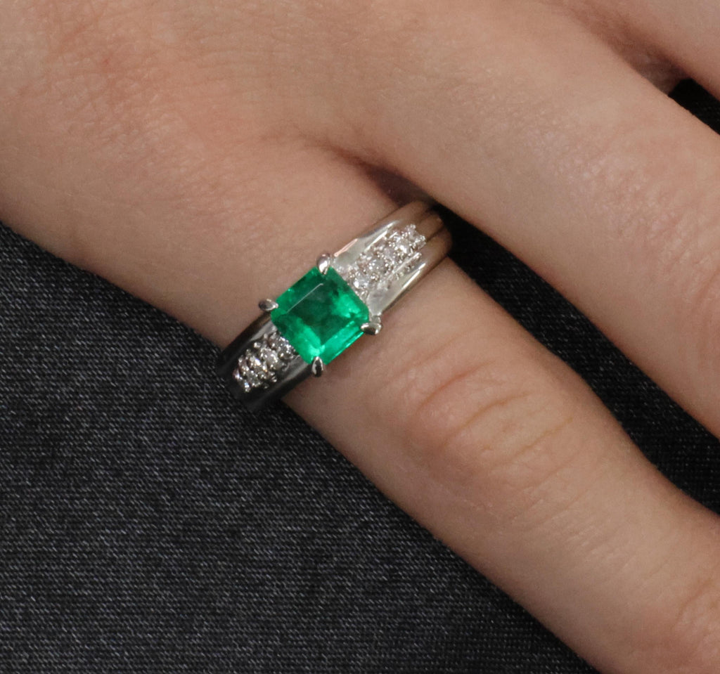 Fine 0.79ct Natural Colombian Emerald & 0.10ct Diamond Platinum Ring, Size 5.25
