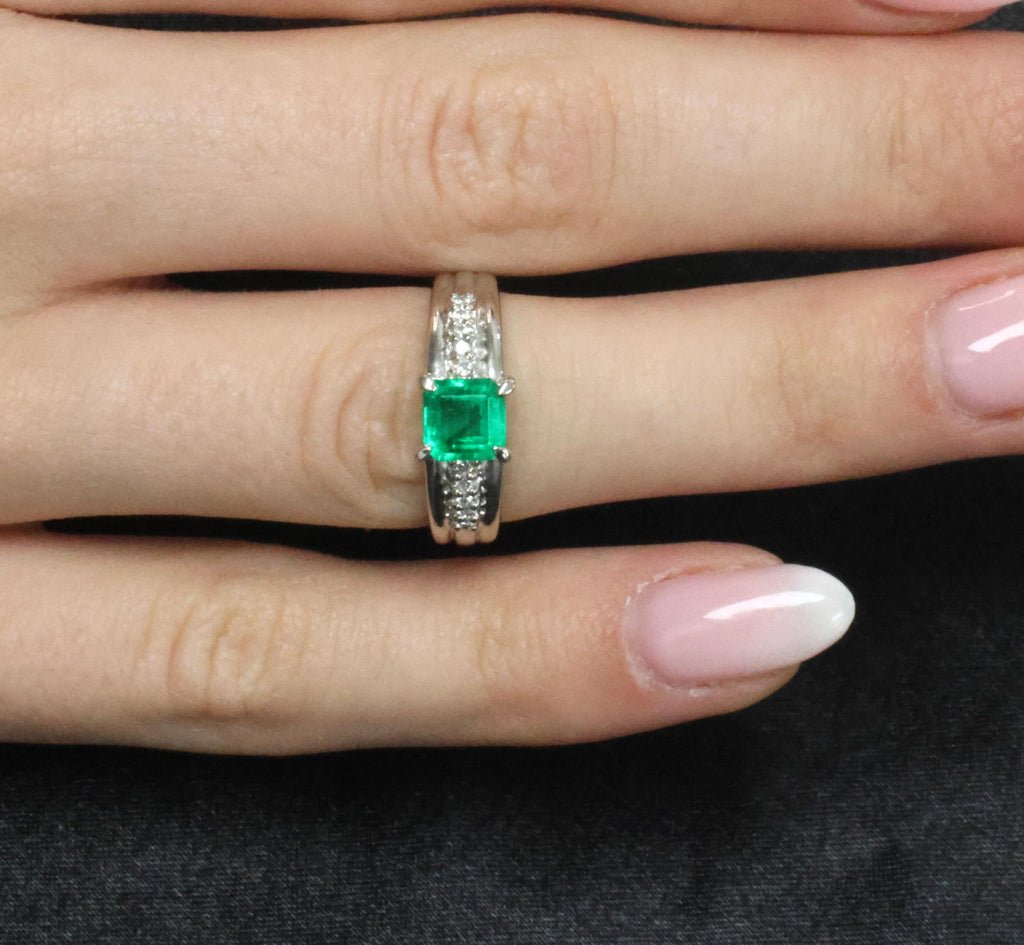 Fine 0.79ct Natural Colombian Emerald & 0.10ct Diamond Platinum Ring, Size 5.25