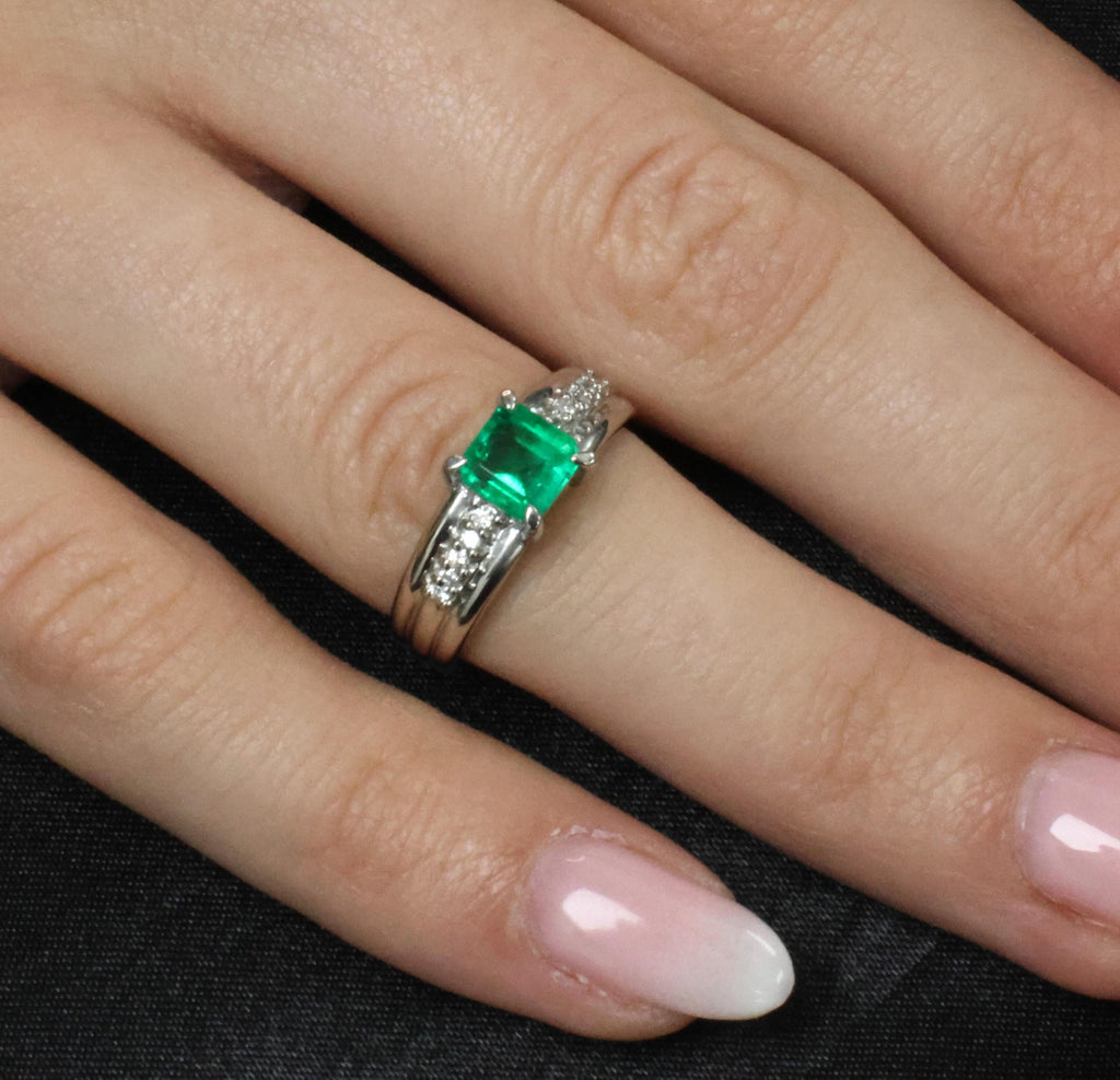 Fine 0.79ct Natural Colombian Emerald & 0.10ct Diamond Platinum Ring, Size 5.25