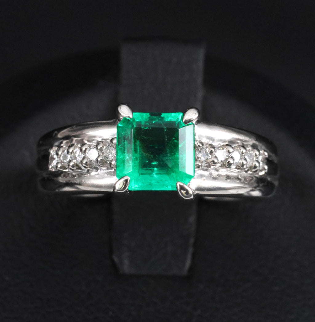 Fine 0.79ct Natural Colombian Emerald & 0.10ct Diamond Platinum Ring, Size 5.25