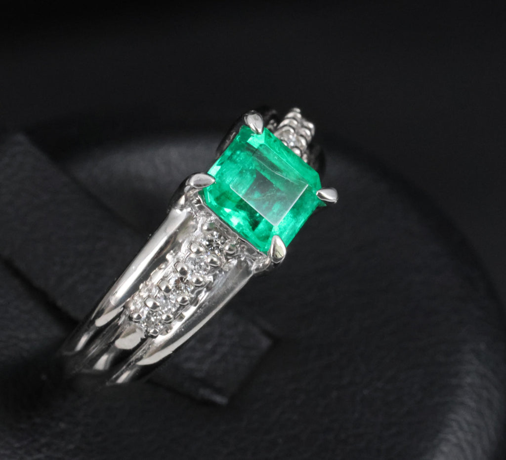 Fine 0.79ct Natural Colombian Emerald & 0.10ct Diamond Platinum Ring, Size 5.25