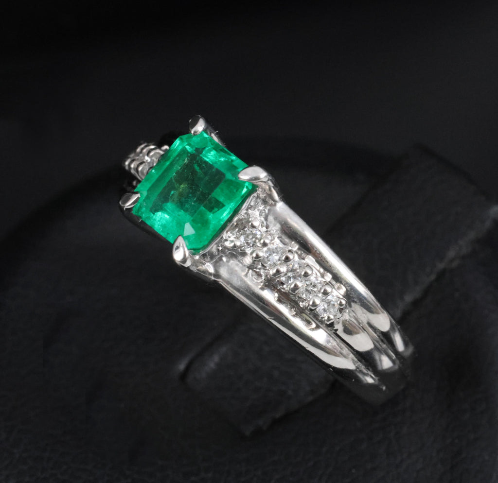 Fine 0.79ct Natural Colombian Emerald & 0.10ct Diamond Platinum Ring, Size 5.25