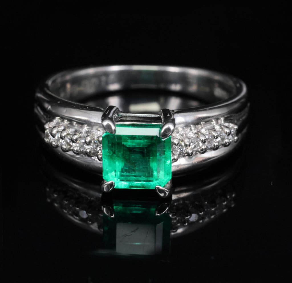 Fine 0.79ct Natural Colombian Emerald & 0.10ct Diamond Platinum Ring, Size 5.25