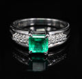 Fine 0.79ct Natural Colombian Emerald & 0.10ct Diamond Platinum Ring, Size 5.25