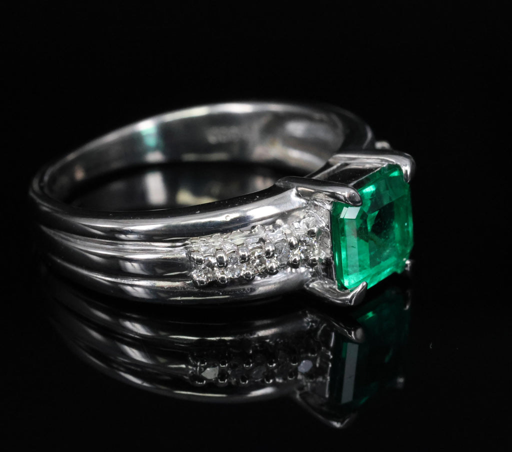 Fine 0.79ct Natural Colombian Emerald & 0.10ct Diamond Platinum Ring, Size 5.25