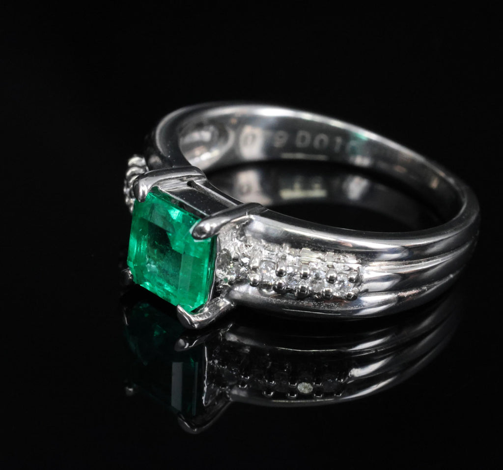 Fine 0.79ct Natural Colombian Emerald & 0.10ct Diamond Platinum Ring, Size 5.25