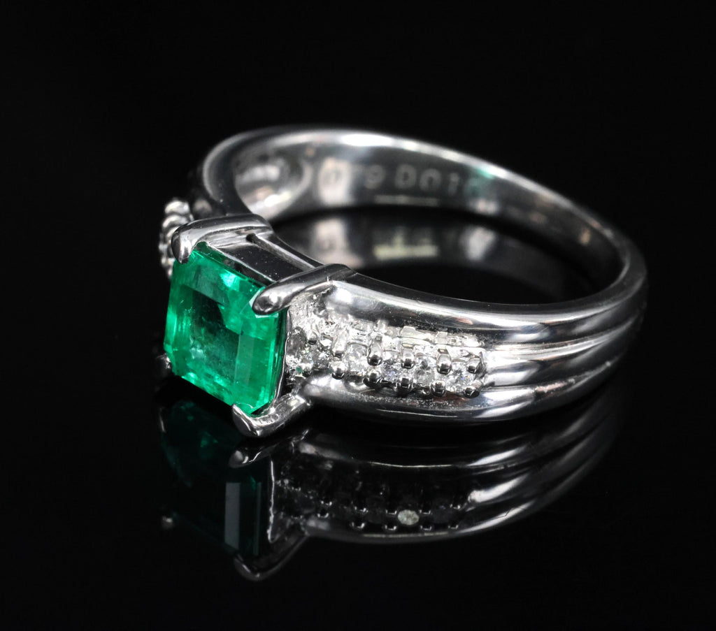 Fine 0.79ct Natural Colombian Emerald & 0.10ct Diamond Platinum Ring, Size 5.25