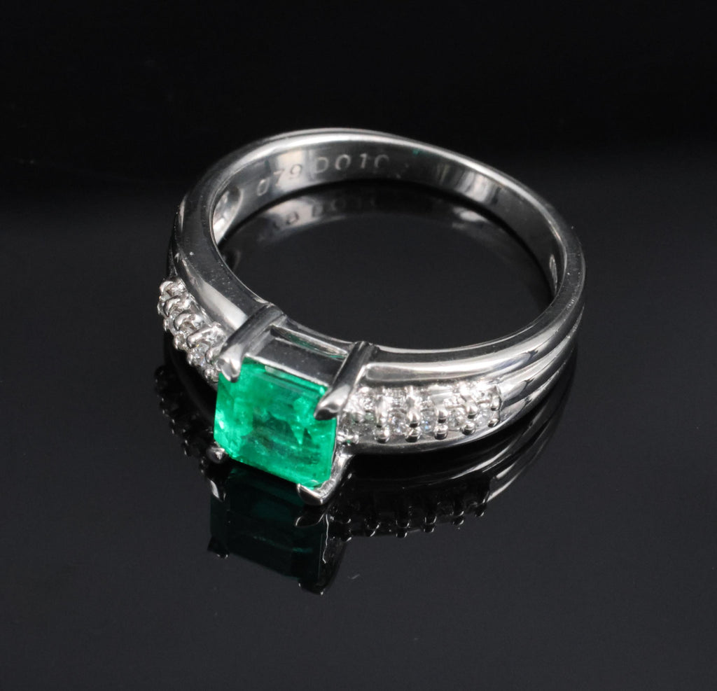 Fine 0.79ct Natural Colombian Emerald & 0.10ct Diamond Platinum Ring, Size 5.25